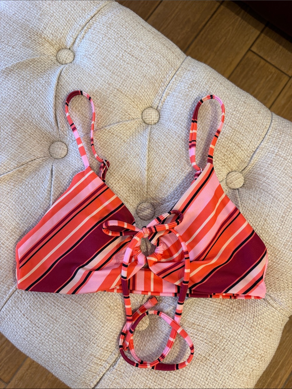 Oneone Brand Striped Tie-Front Bikini Top in Pink & Coral Size Small Pads
